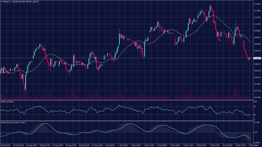 US dollar index daily chart shows support at 108.50 and 107.05 on the daily chart. 